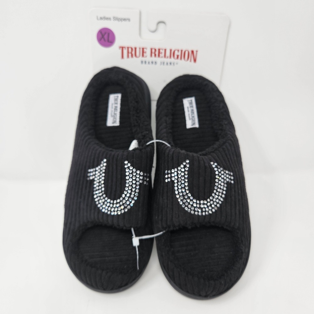 True Religion Womens Black Corduroy Rhinestone Horseshoe Slippers XL 9.5-10.5